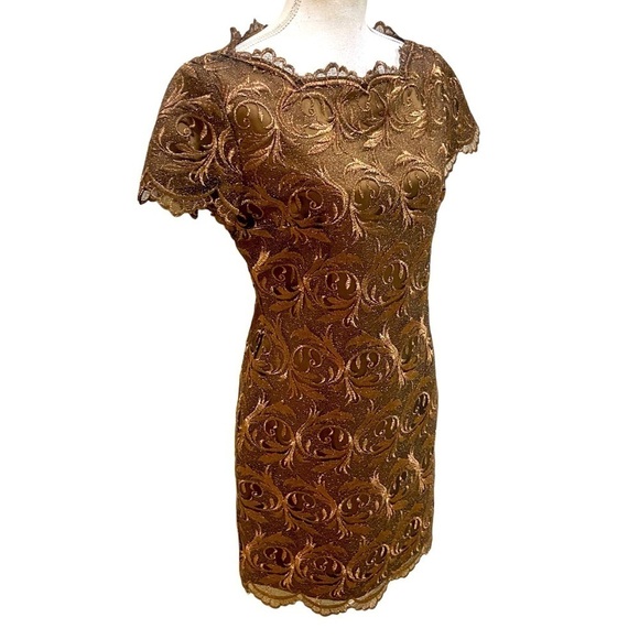 Rimini by Shaw bronze metallic embroidered short sleeve dress scalloped hems 8 - Picture 3 of 12